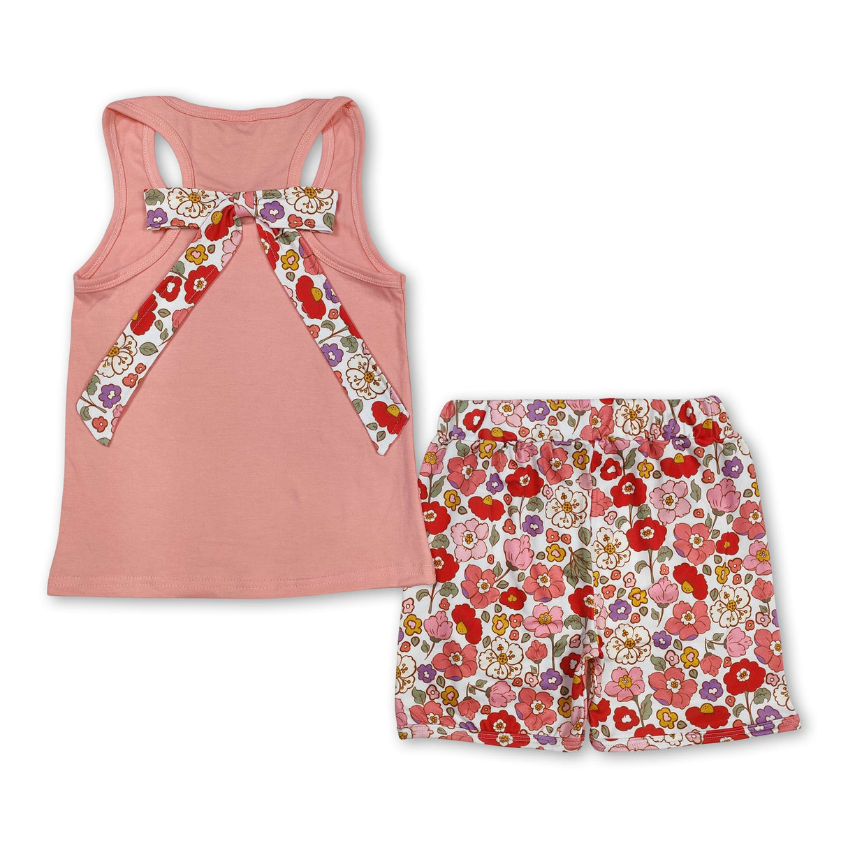 Peach sleeveless floral bow ruffle shorts girls clothes