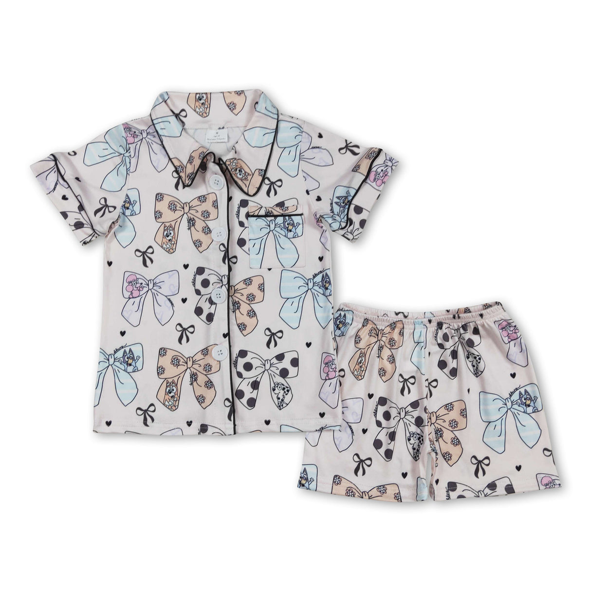 Short sleeves dog bow kids girls button down pajamas