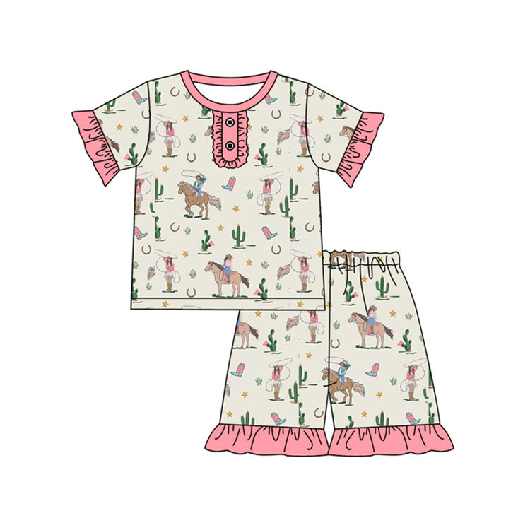 Short sleeves ruffle rodeo cactus western girls pajamas
