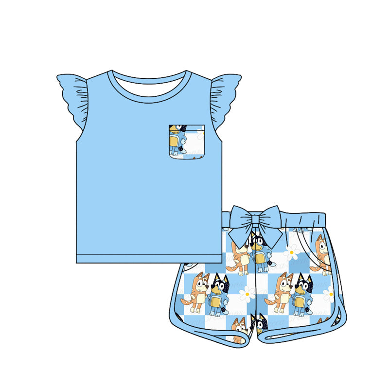 Flutter sleeves light blue plaid dog top shorts girls clothes