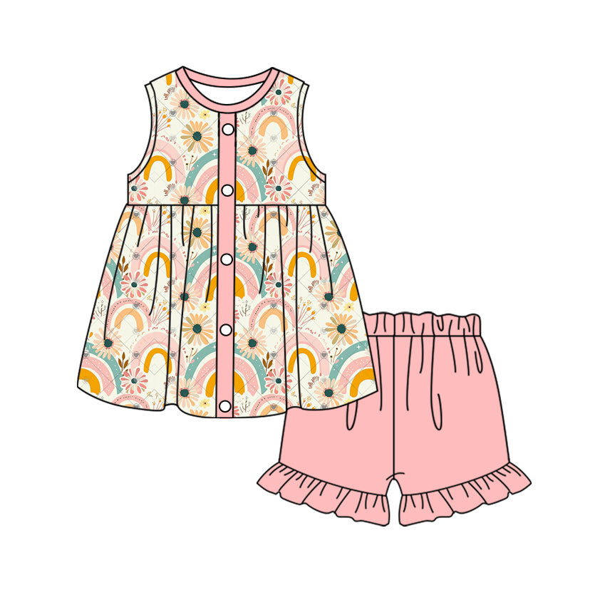 Sleeveless rainbow floral tunic ruffle shorts girls clothes