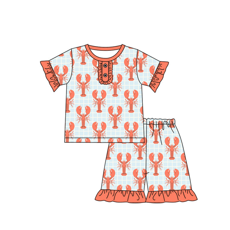 Short sleeves crawfish ruffle baby girls pajamas