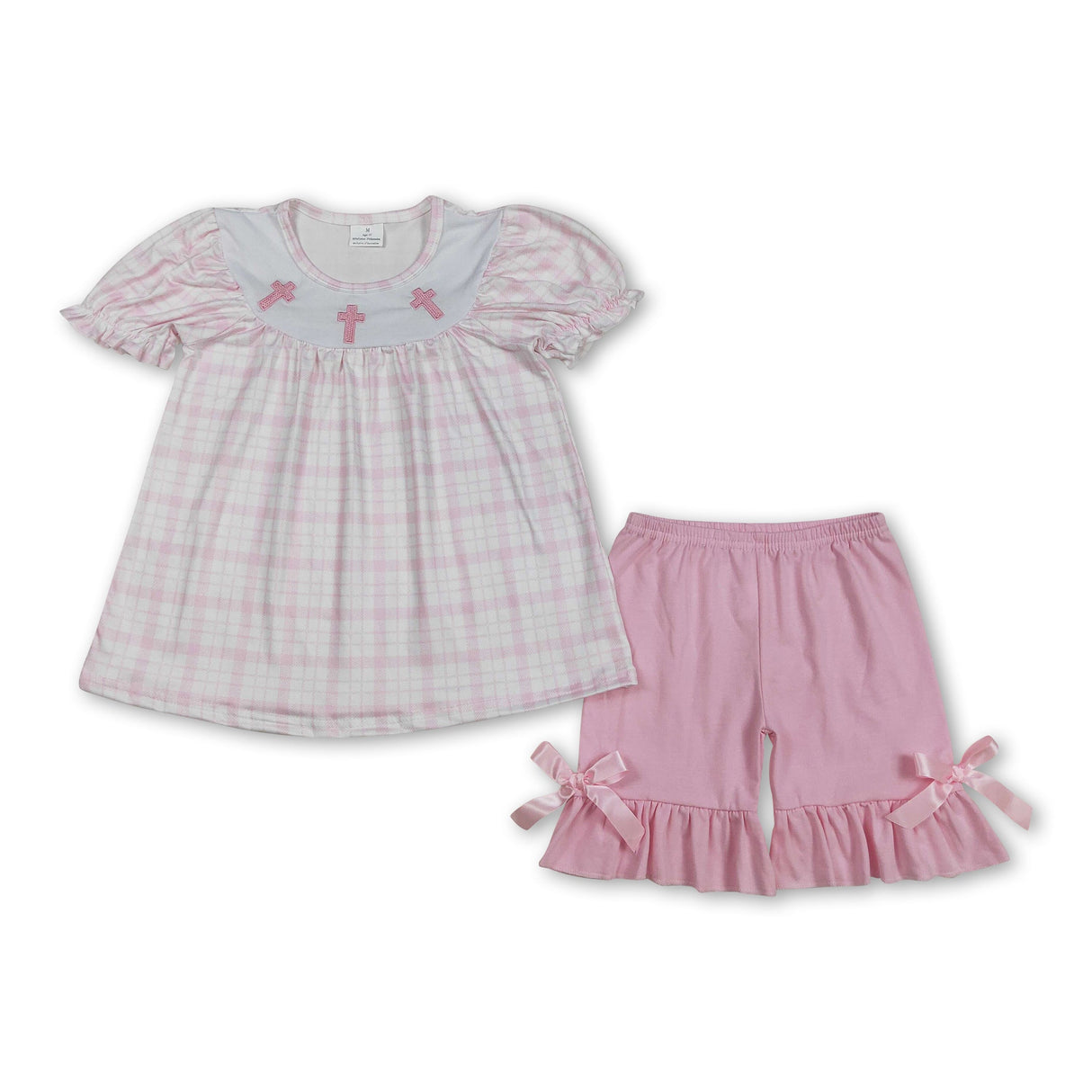 Plaid cross tunic ruffle shorts kids girls Easter outfits
