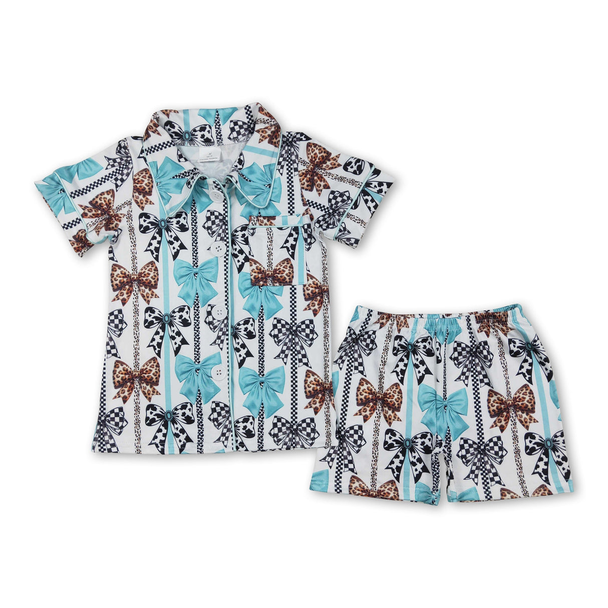 Leopard cow print bow girls button down pajamas