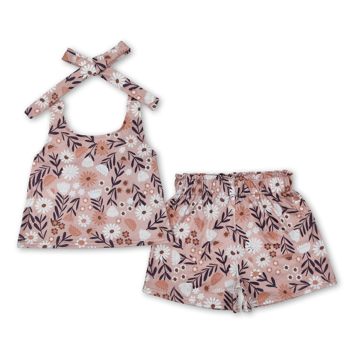 Khaki floral halter top shorts kids girls summer outfits