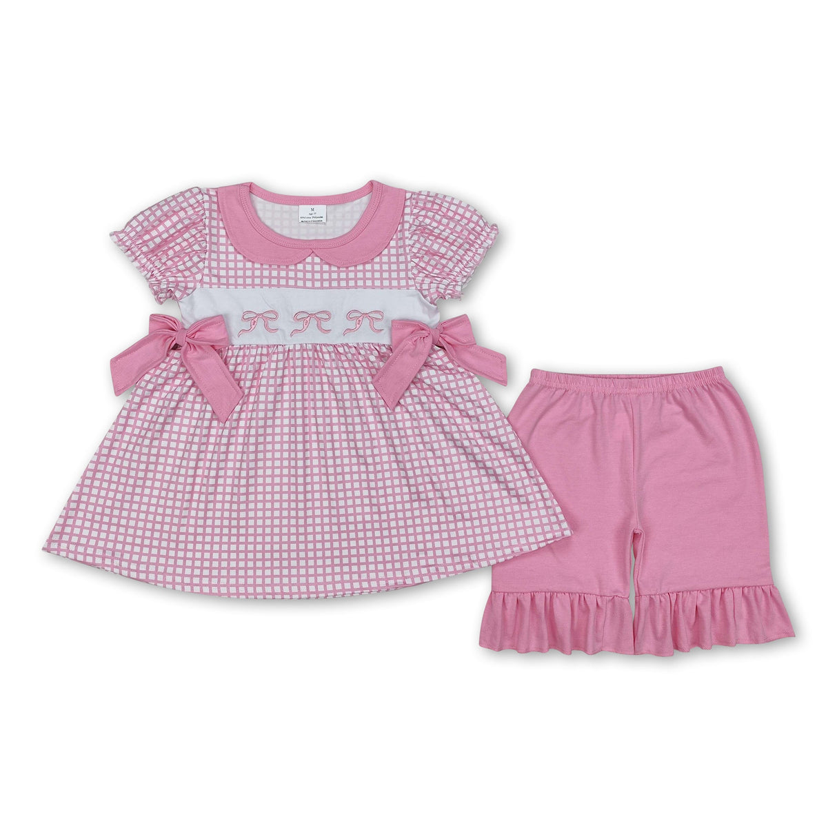 Pink plaid bow tunic ruffle shorts girls clothing set