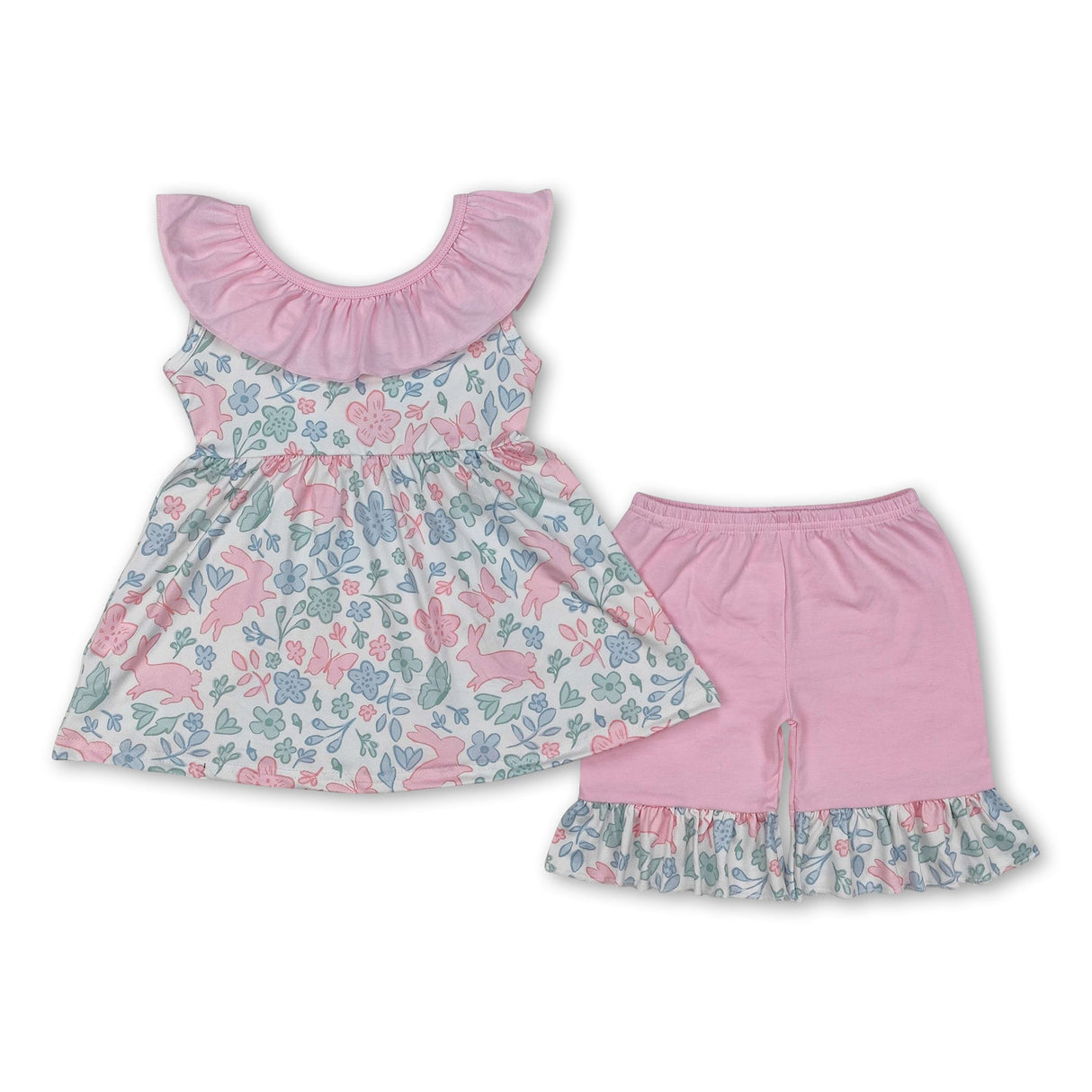 Pink ruffle floral bunny tunic shorts girls Easter outfits