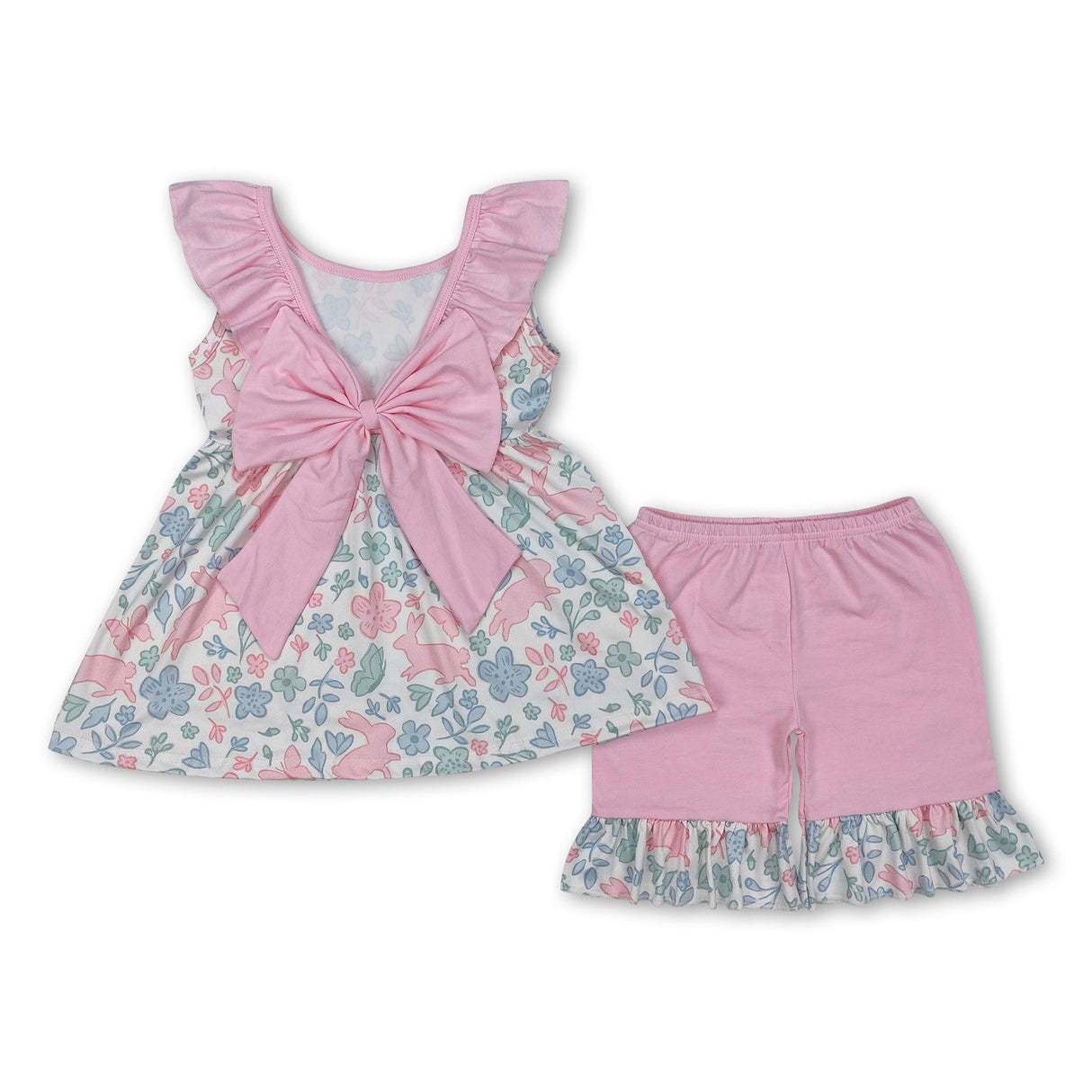 Pink ruffle floral bunny tunic shorts girls Easter outfits