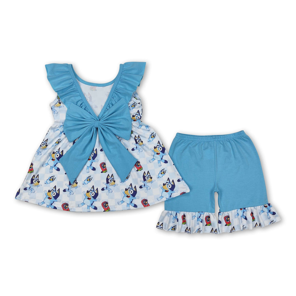 Blue ruffle sleeveless plaid dog tunic shorts girls clothes