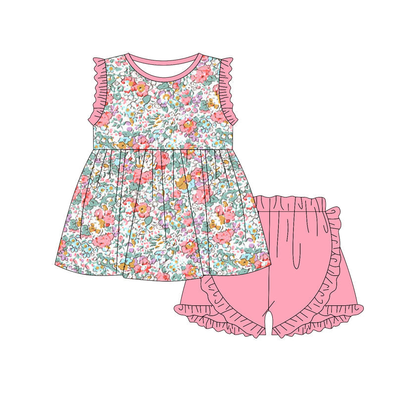 Peach ruffle floral tunic shorts girls summer outfits