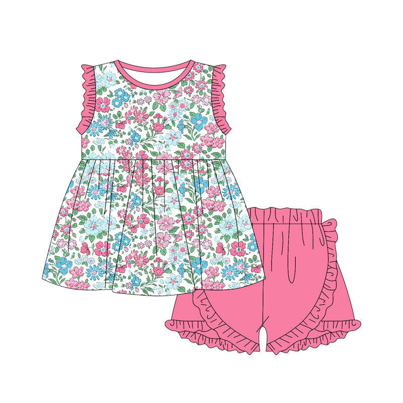 Pink ruffle floral tunic shorts girls summer outfits