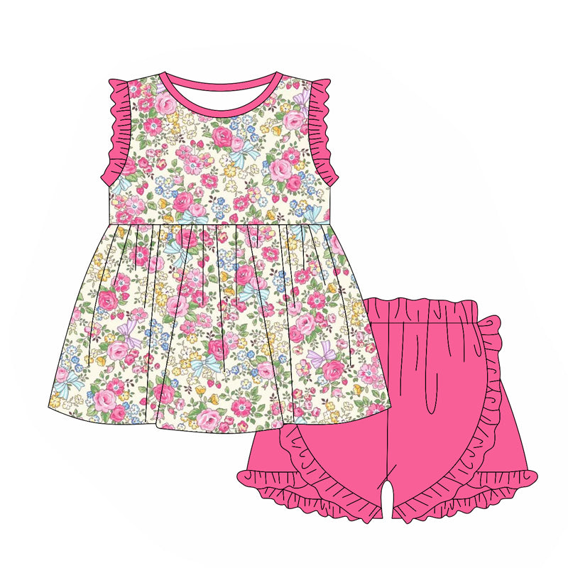 Hot pink ruffle floral tunic shorts kids girls clothing set