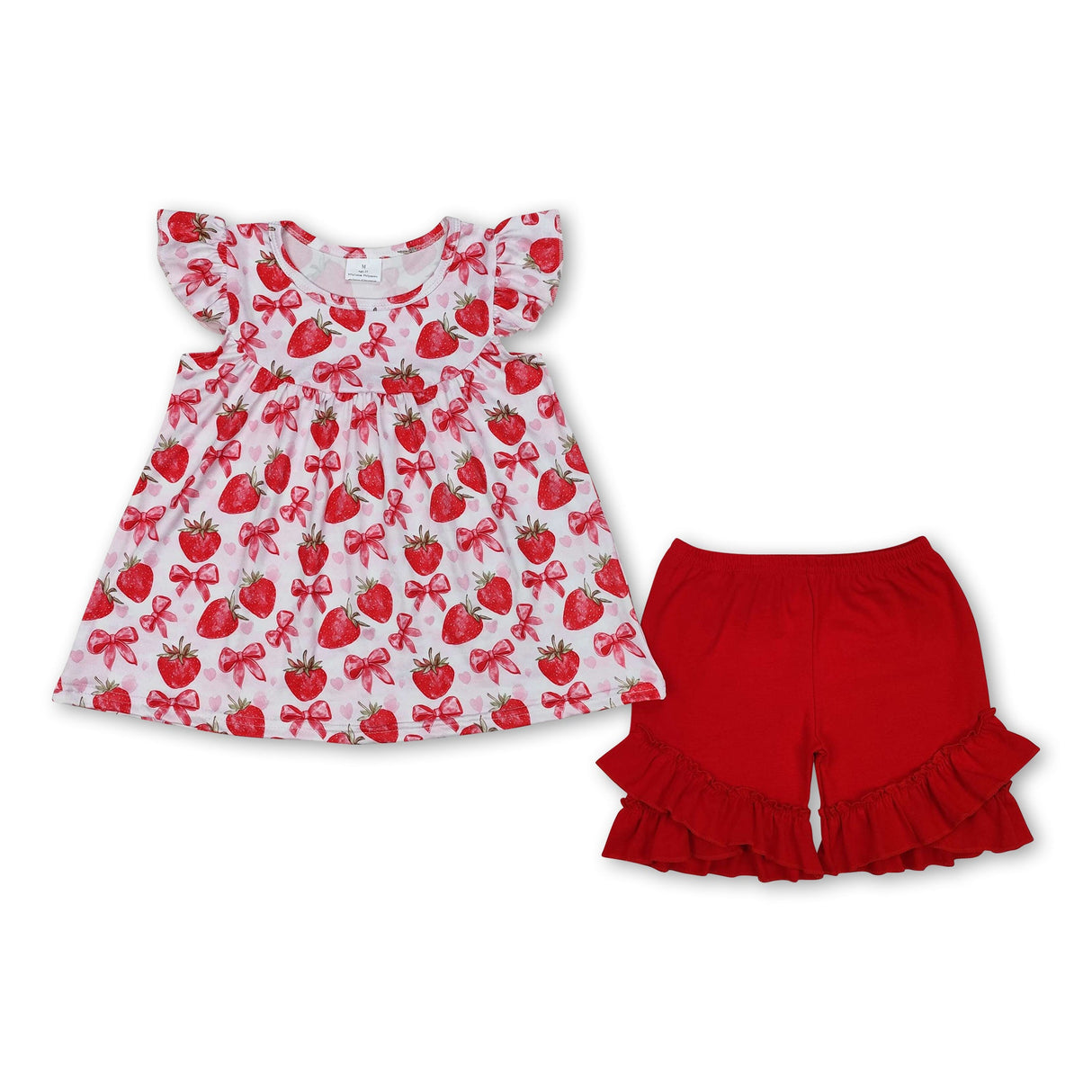 Flutter sleeves bow strawberry tunic shorts girls clothes