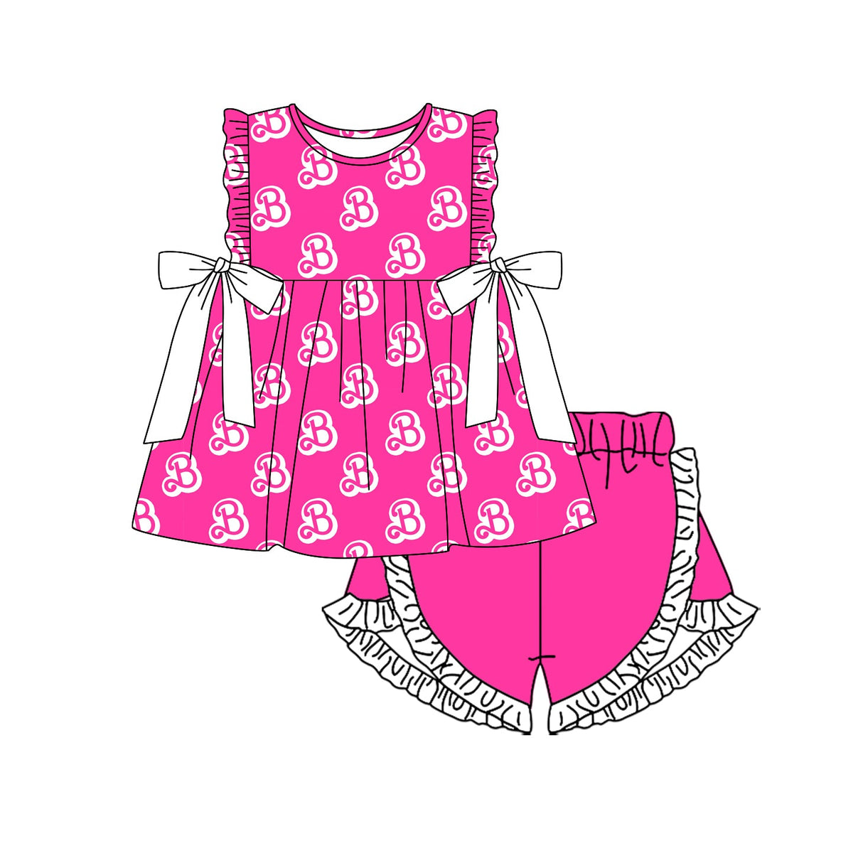 Hot pink B ruffle tunic shorts party girls clothing set
