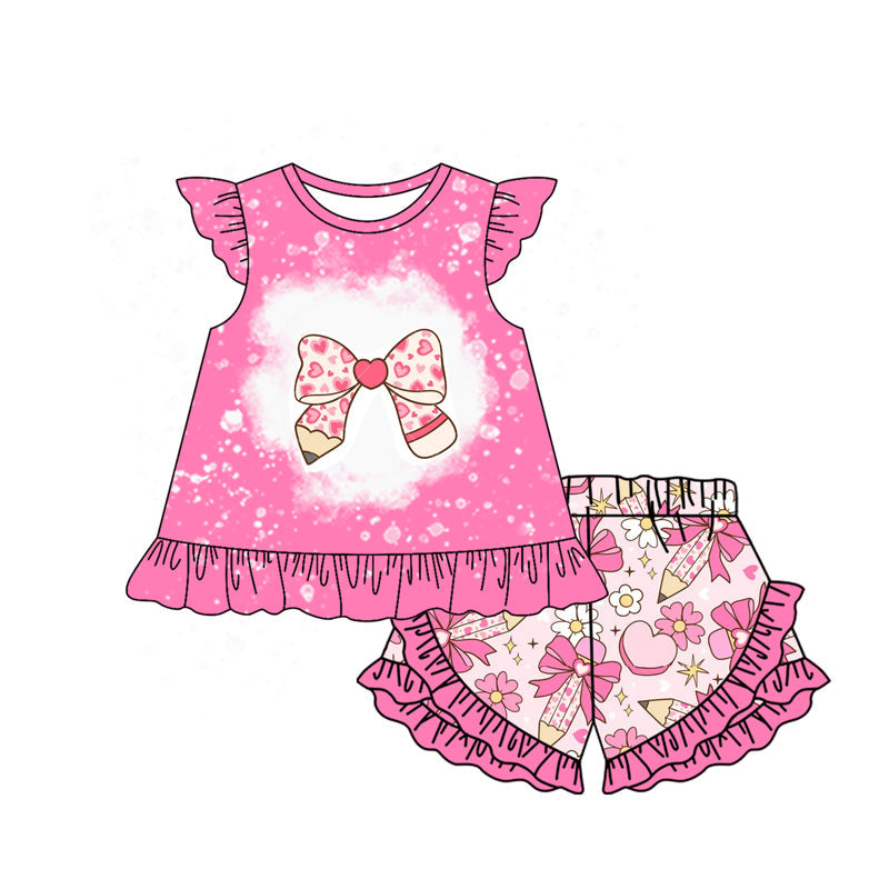 Bleached heart bow pencil top shorts girls back to school set