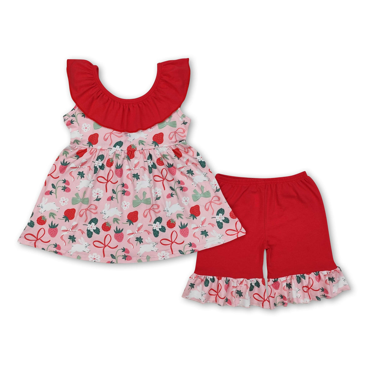 Ruffle sleeveless strawberry rabbit bow girls Easter clothing