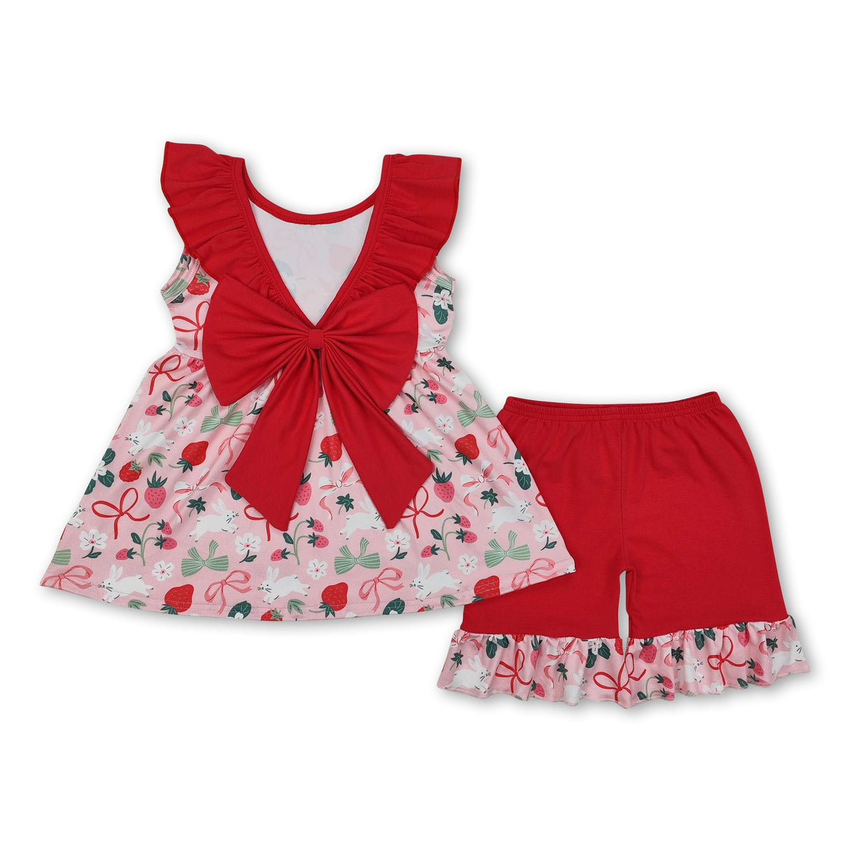 Ruffle sleeveless strawberry rabbit bow girls Easter clothing