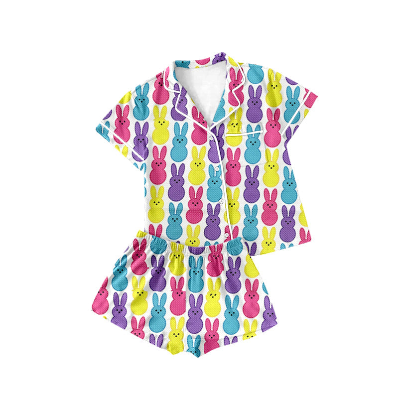 Short sleeves colorful bunny girls Easter button down pajamas