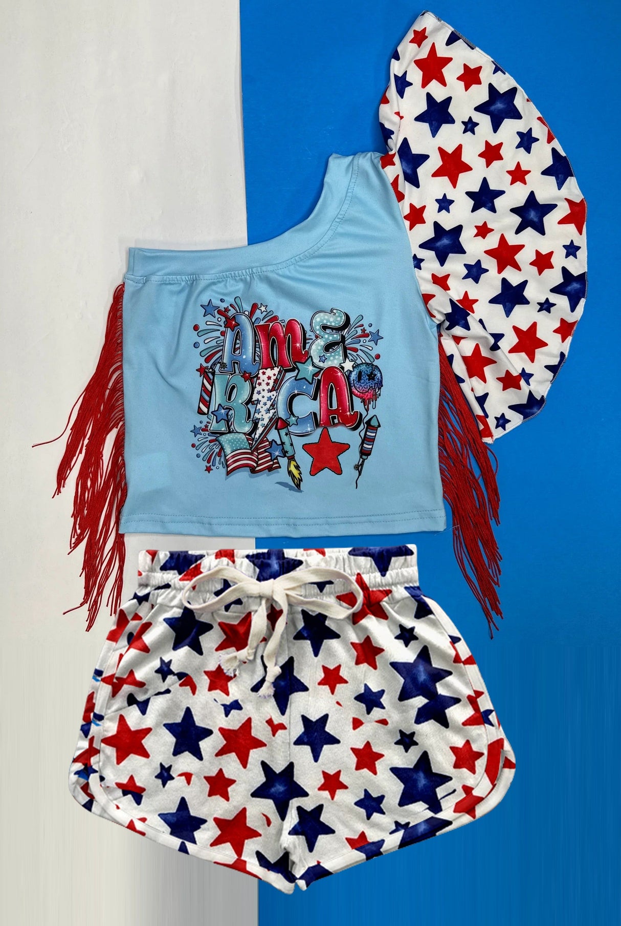 One shoulder tassels American kids girls 4th of july clothes
