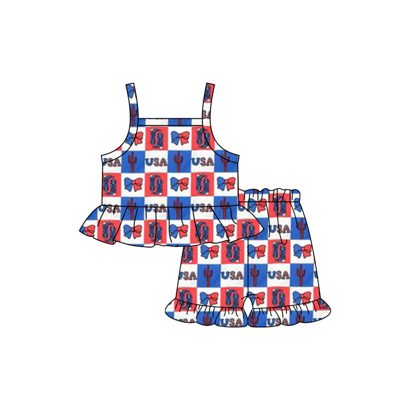 Straps USA cactus bow plaid baby girls 4th of july outfits