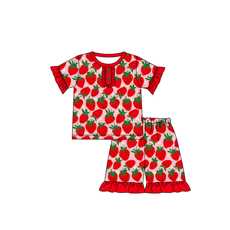 Red short sleeves strawberry baby girls pajamas