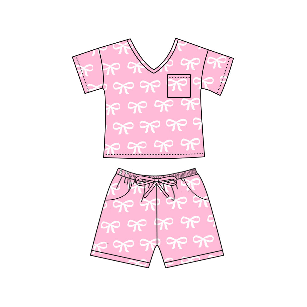 Short sleeves pink bow pocket adult women pajamas