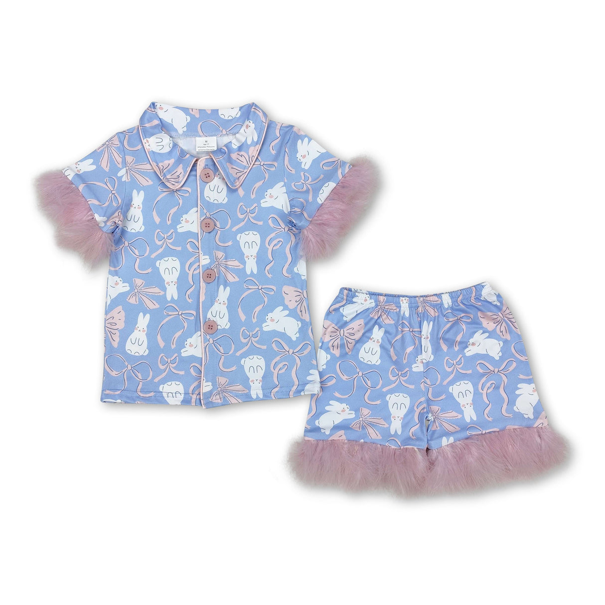 Blue bunny bow fur girls Easter button down pajamas