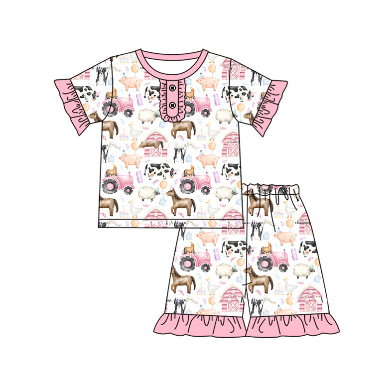 Pink ruffle horse sheep pig tractor girls farm pajamas