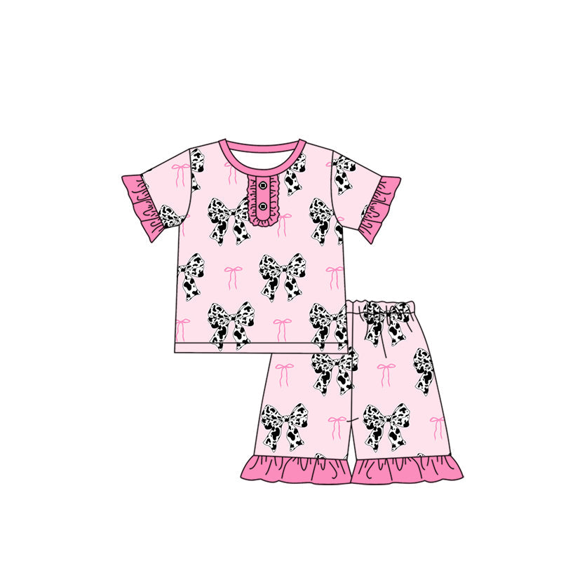 Pink ruffle short sleeves cow print bow baby girls pajamas