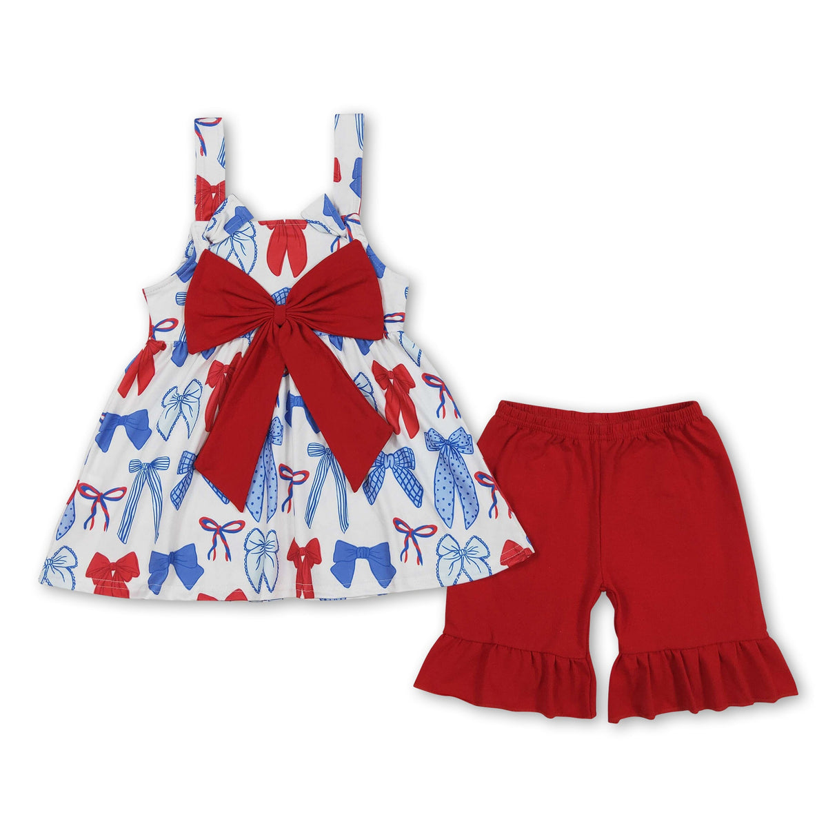 Straps red blue bow tunic shorts girls 4th of July outfits