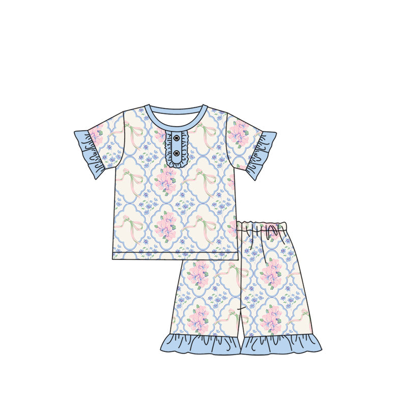 Light blue ruffle floral bow top shorts girls pajamas