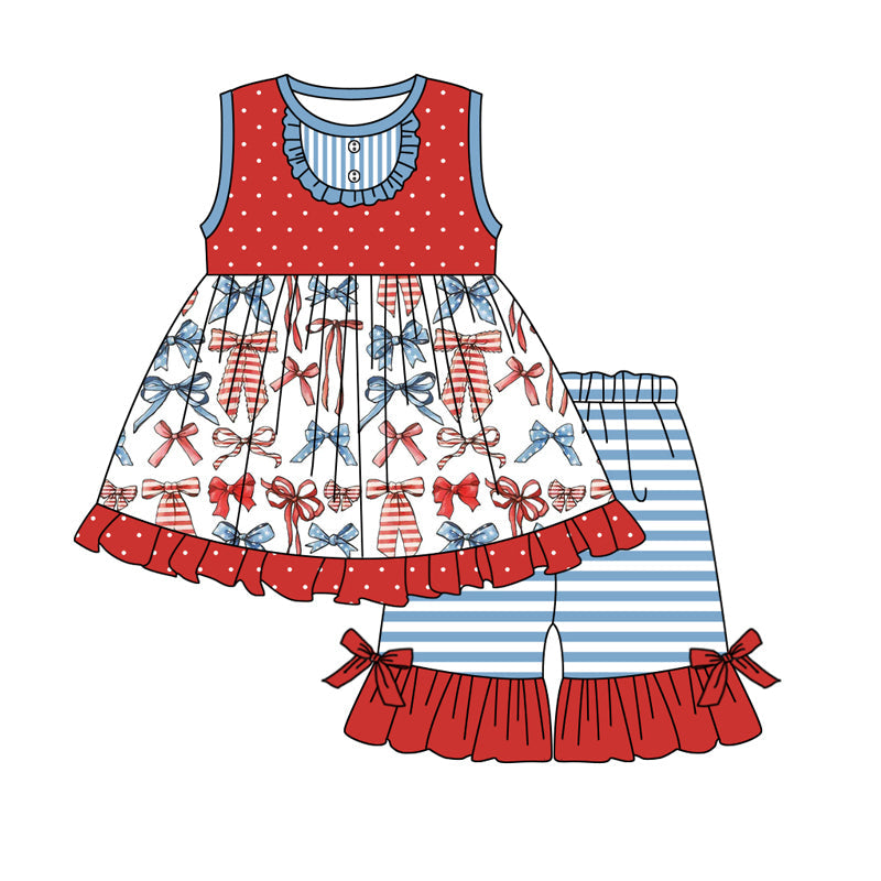 Sleeveless stars stripe bow tunic shorts girls 4th of july outfits