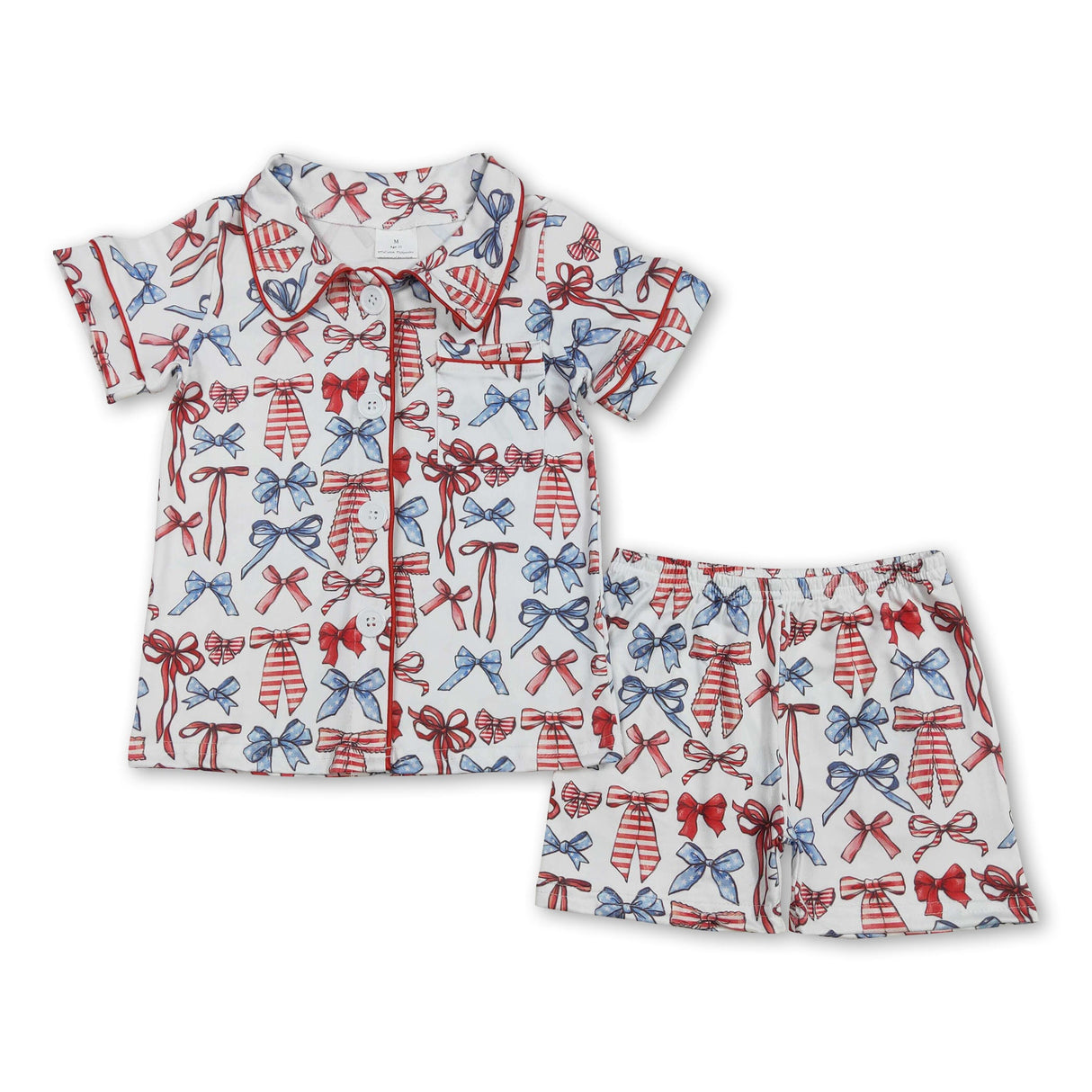 Stars stripe bow girls 4th of july button down pajamas