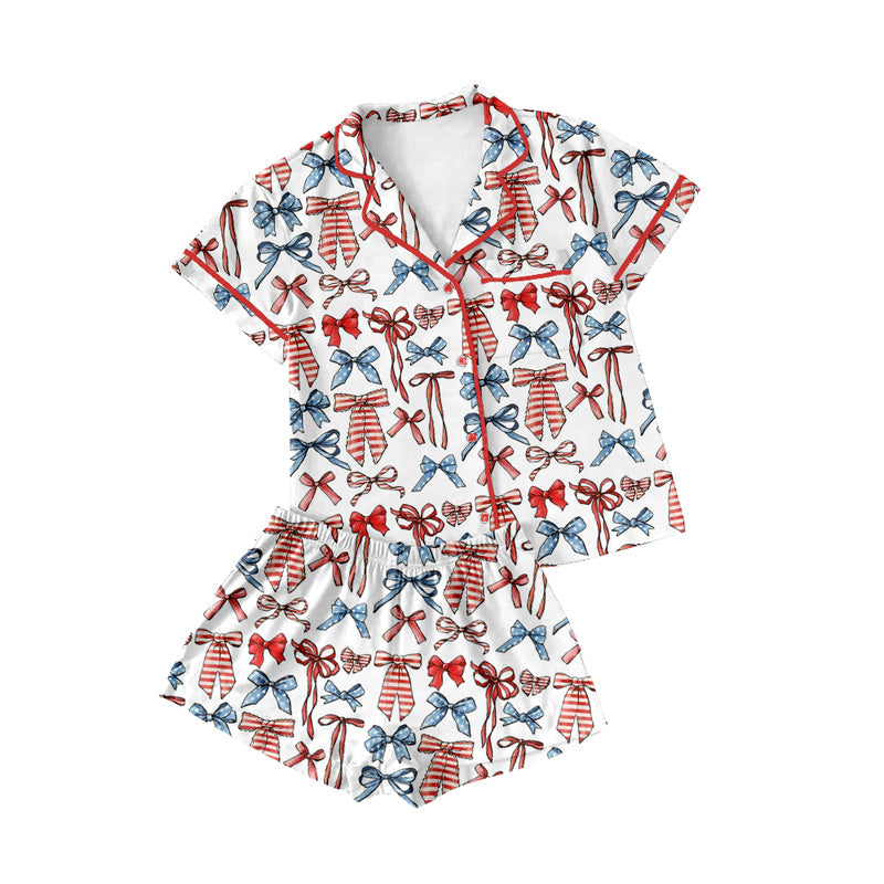 Stars stripe bow adult women 4th of july button down pajamas