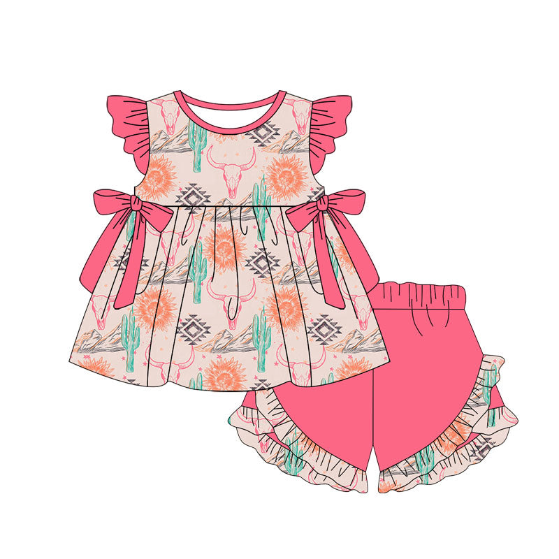 Flutter sleeves cactus bull skull western girls clothing set