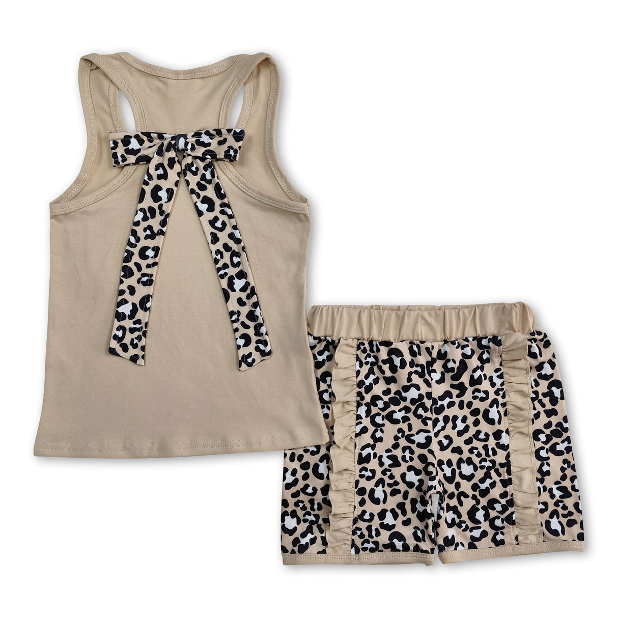 Sleeveless khaki leopard bow ruffle shorts girls clothes