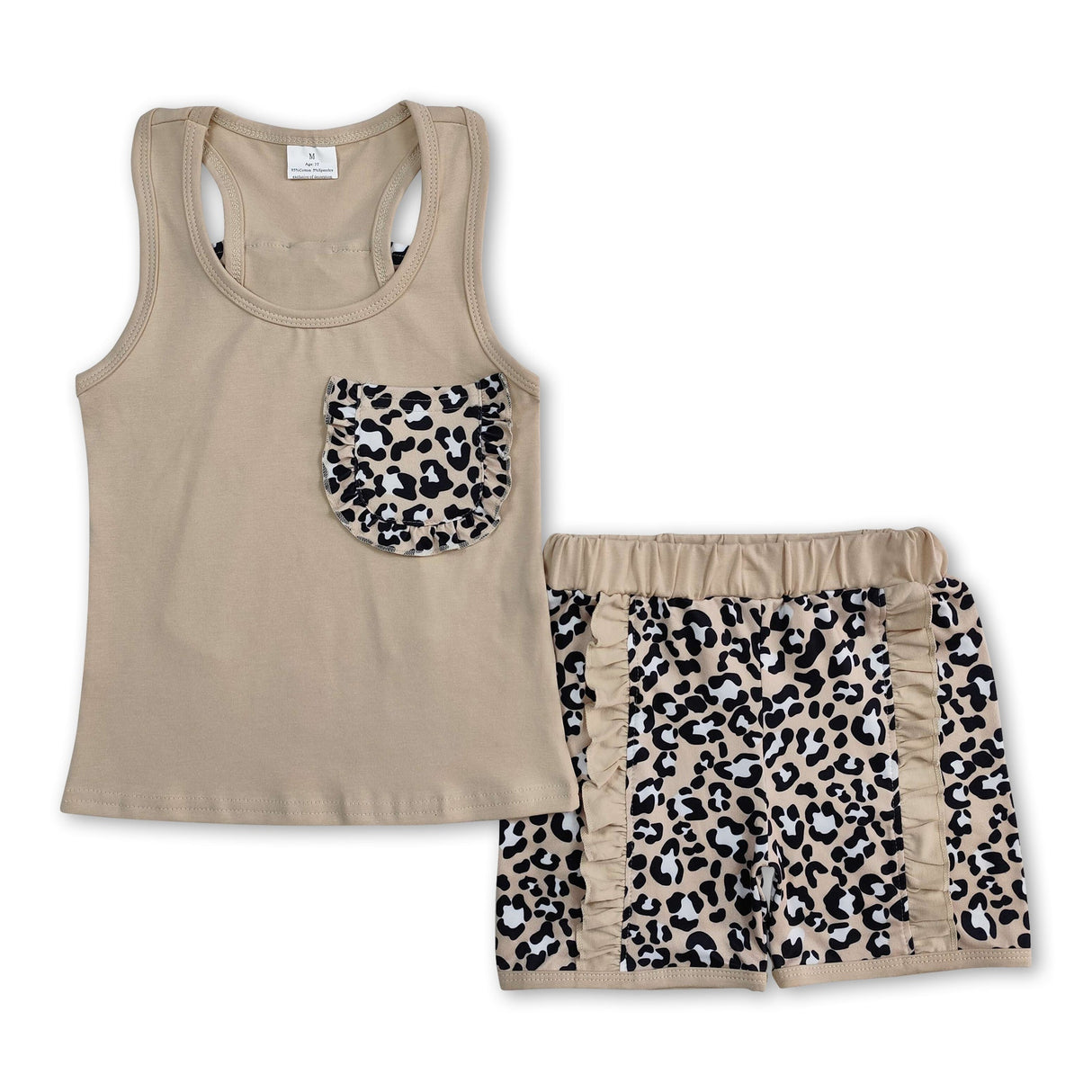 Sleeveless khaki leopard bow ruffle shorts girls clothes