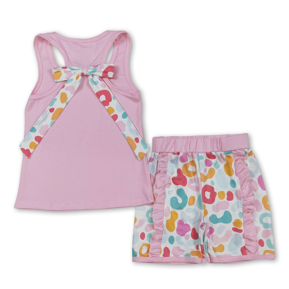 Sleeveless pink leopard bow ruffle shorts girls clothes