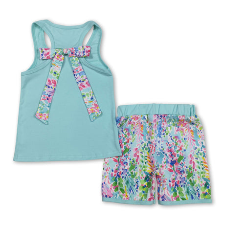Sleeveless watercolor floral bow ruffle shorts girls clothes