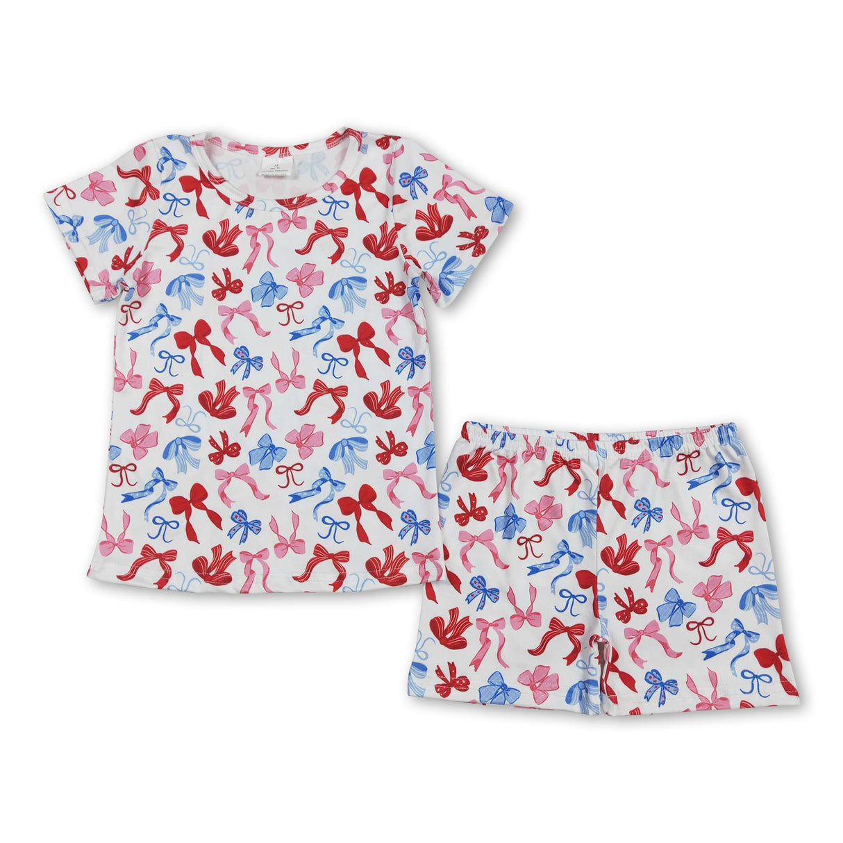 Short sleeves red blue bow girls 4th of july clothing