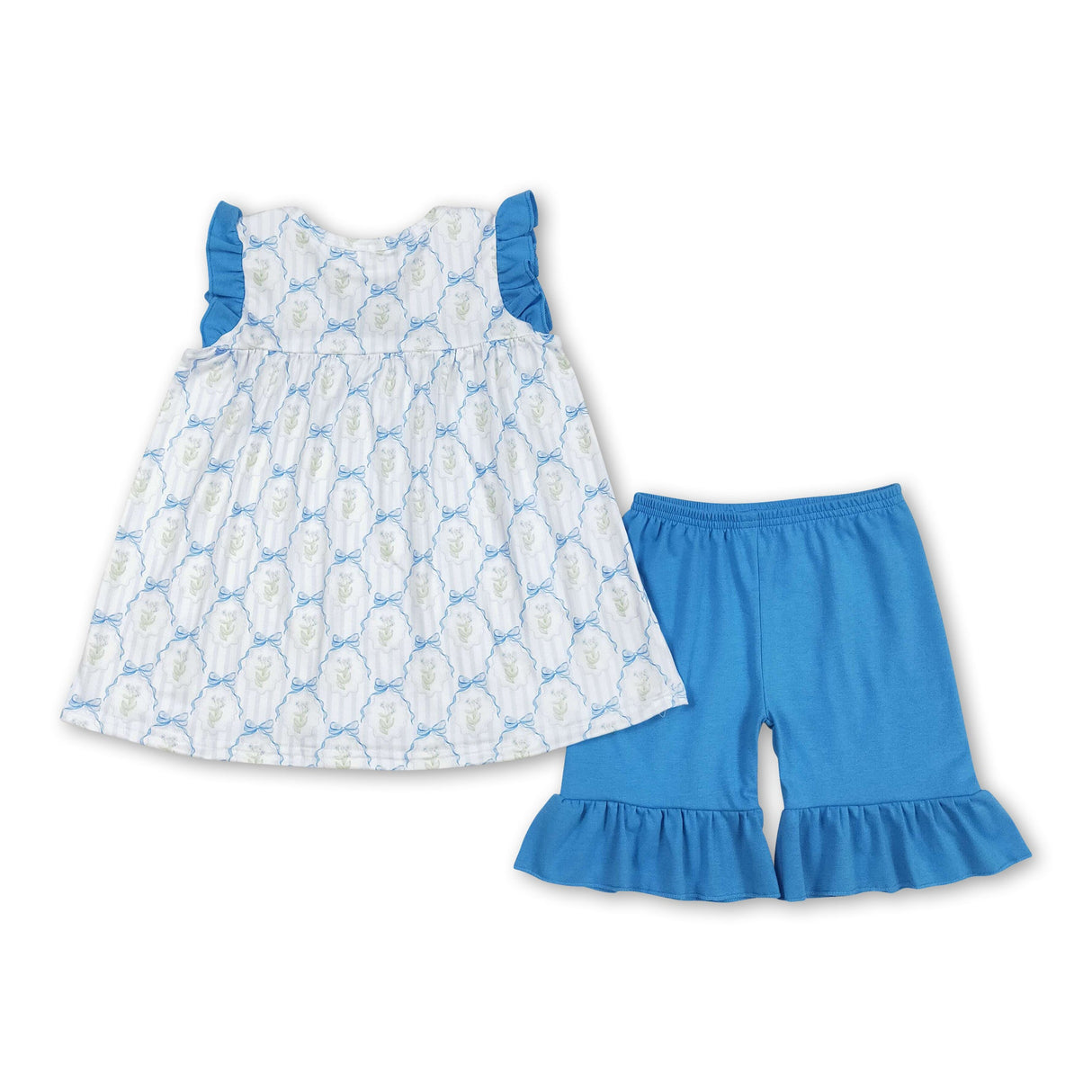 Blue ruffle floral bow tunic shorts girls summer outfits