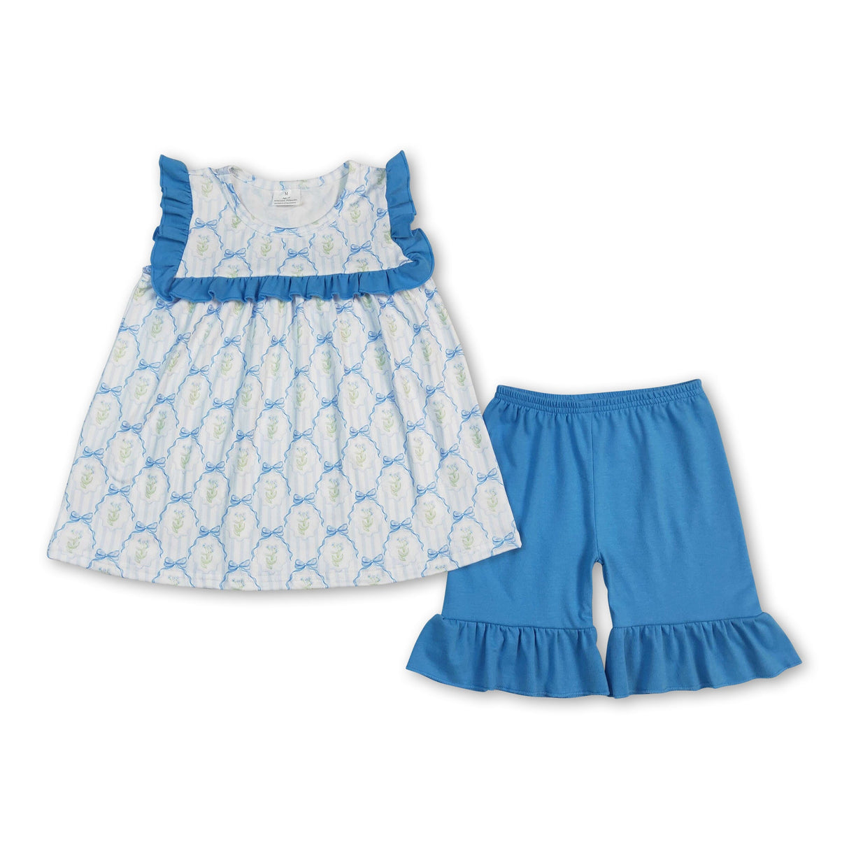 Blue ruffle floral bow tunic shorts girls summer outfits