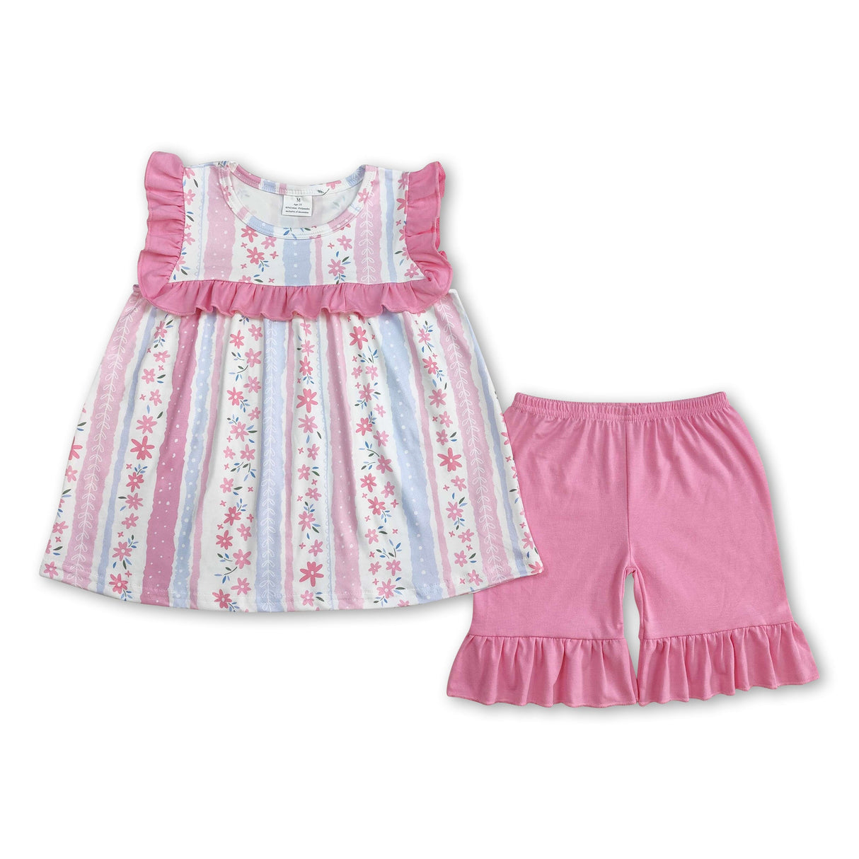 Pink ruffle floral tunic shorts kids girls summer clothes