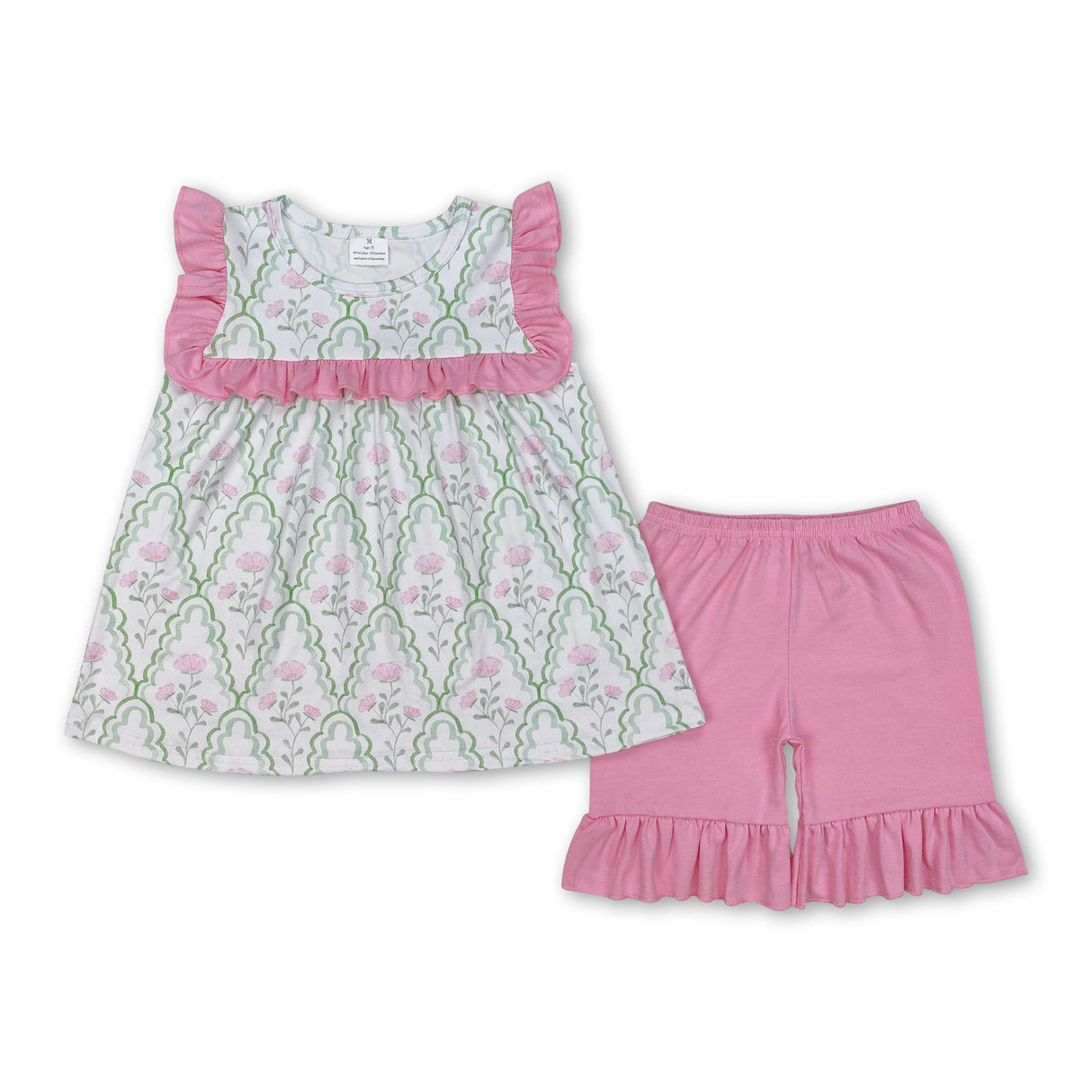 Ruffle green pink floral tunic shorts girls summer outfits