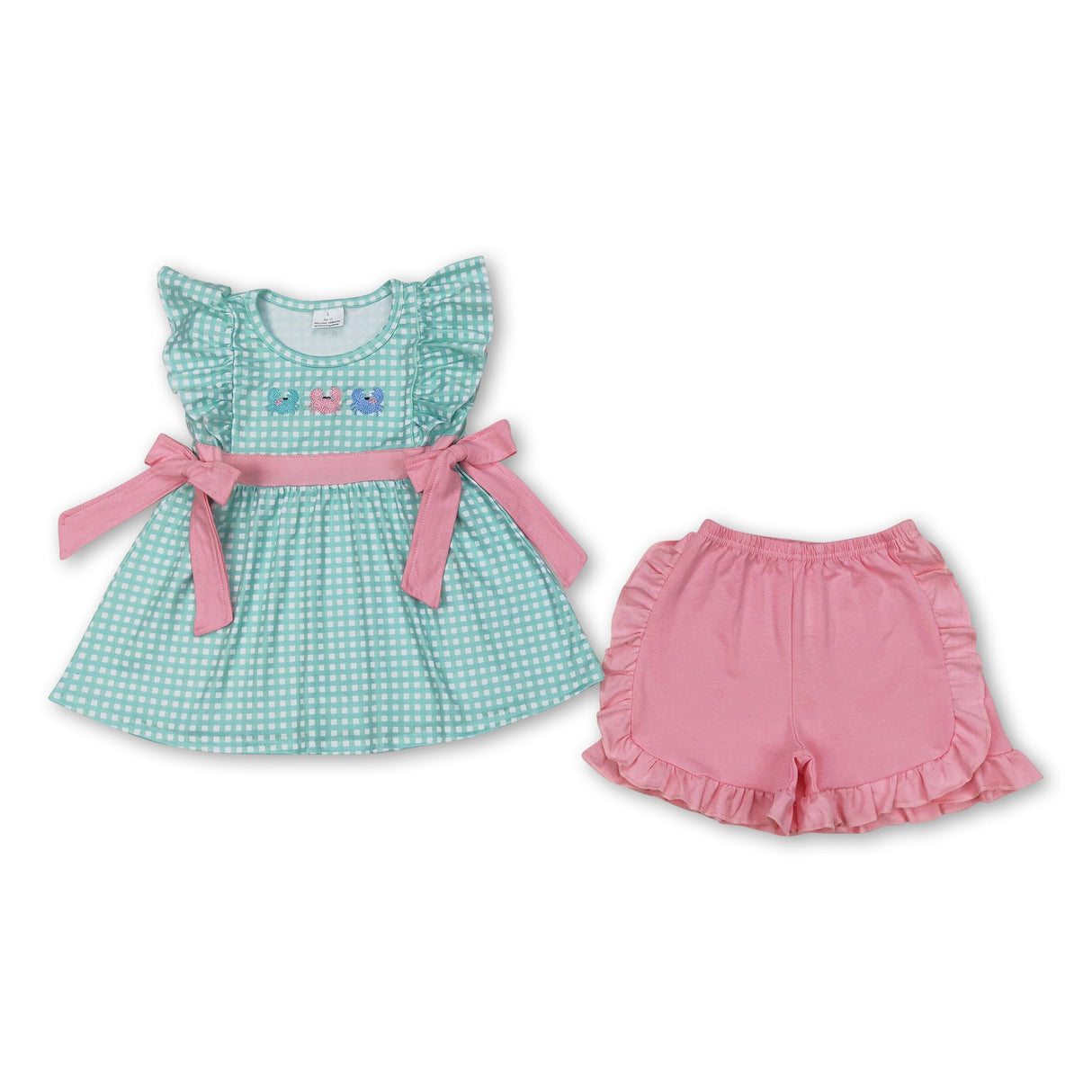 Flutter sleeves plaid crab tunic pink shorts girls clothes