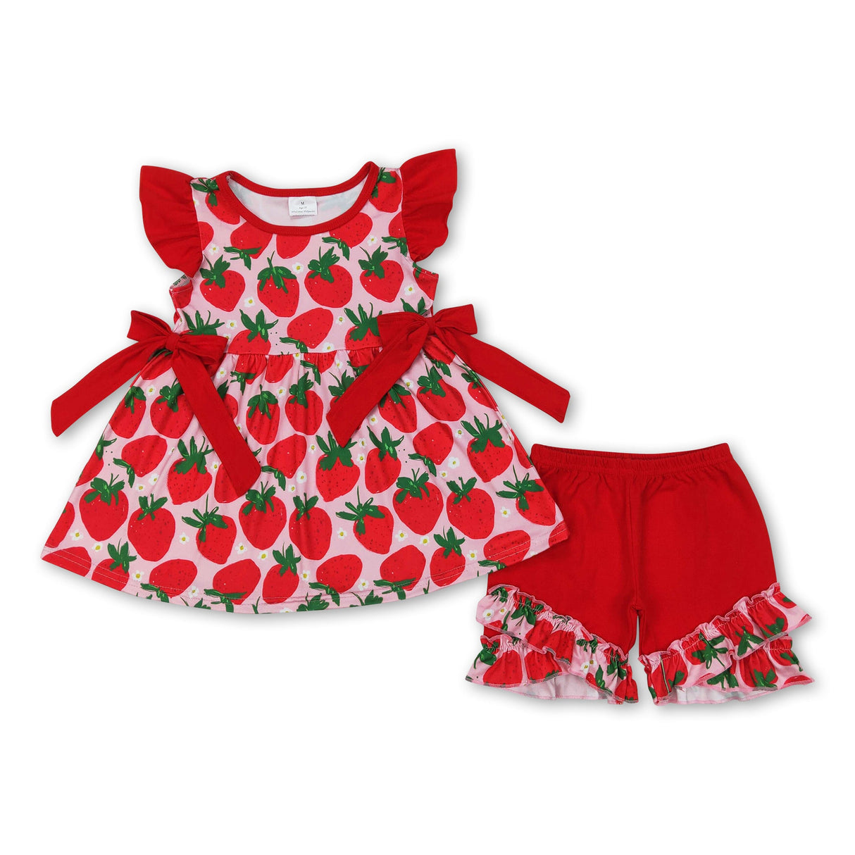 Flutter sleeves strawberry tunic red shorts girls clothes