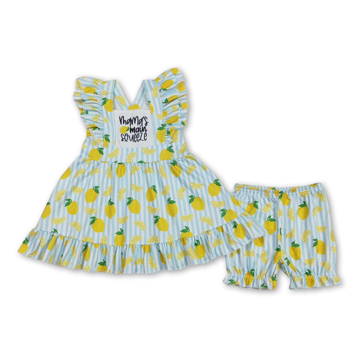 Flutter sleeves stripe lemon tunic shorts girls clothes