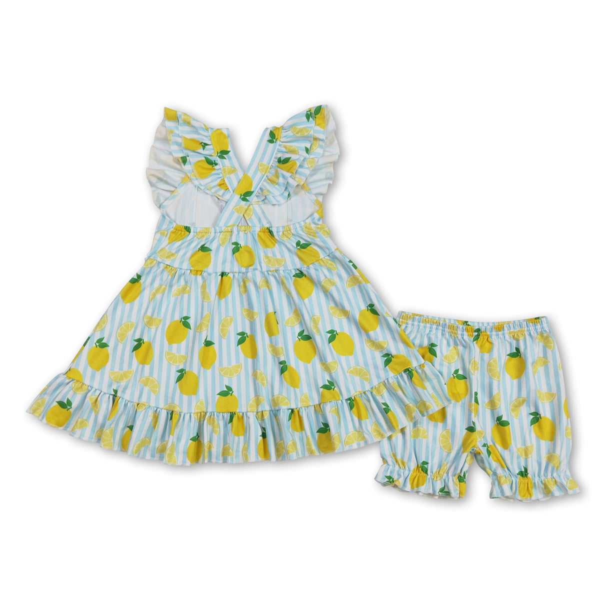Flutter sleeves stripe lemon tunic shorts girls clothes
