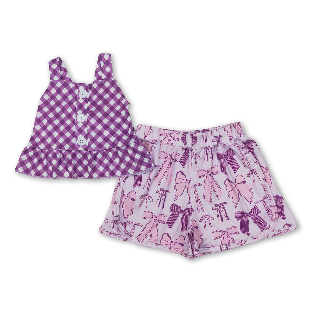 Purple plaid peplum bow shorts kids girls summer outfits