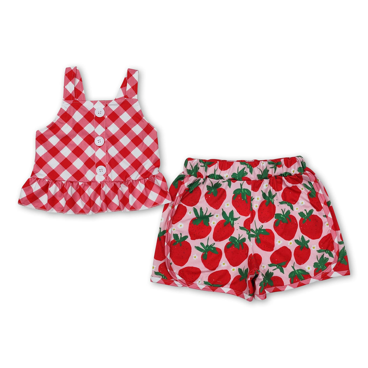 Red plaid peplum strawberry shorts kids girls summer outfits